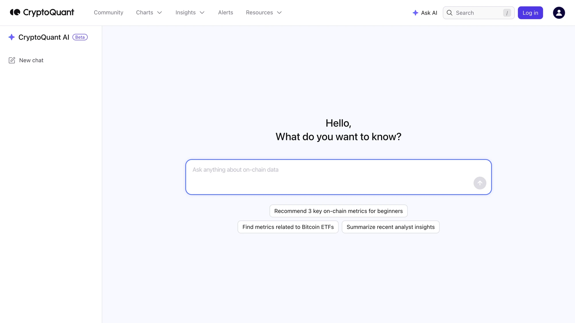CryptoQuant AI Assistant: empty chat screen with the on-chain question input and suggested research prompts
